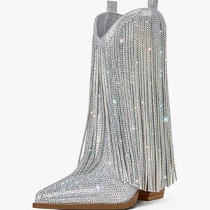 Amazon Silver Rhinestone Fringe Heeled Boots